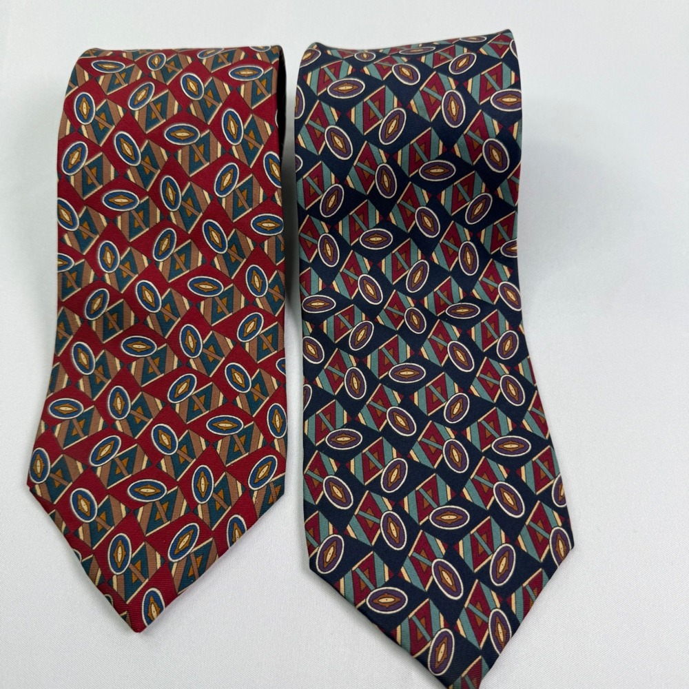 2pc Christian Dior Monsieur Silk Ties Geometric Burgundy Navy Blue Italy USA